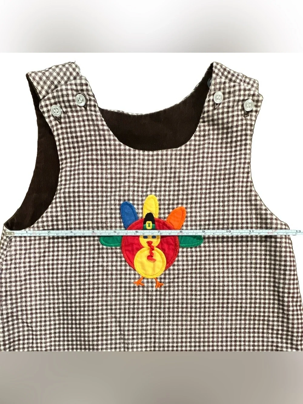 The Bailey Boys Girl Reversible Thanksgiving Turkey Applique Gingham JumperDress